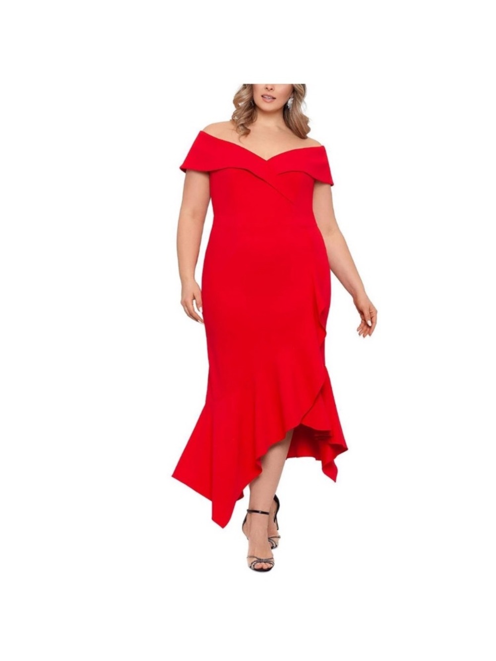 XSCAPE Red Off-Shoulder Hi Low Ruffled Midi Cocktail Crepe Dress Women’s 20W